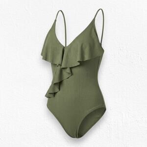 Cupshe Olive Green Ribbed Ruffle Plunge V-Neck One Piece Swimsuit Size Small